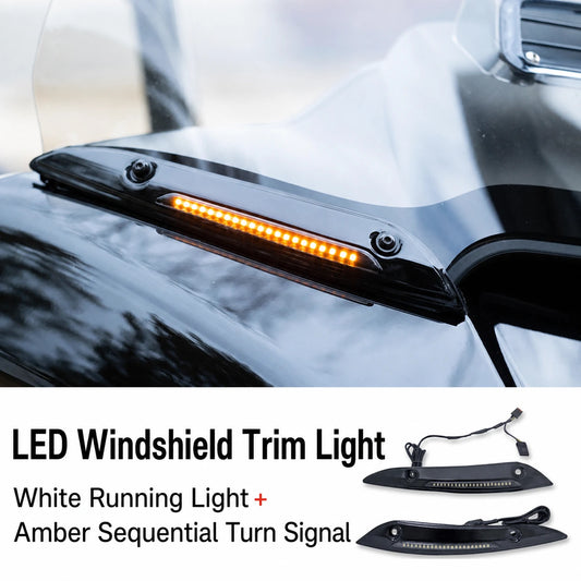 Harley Road Glide LED windshield trim light with white running light and amber sequential turn signal