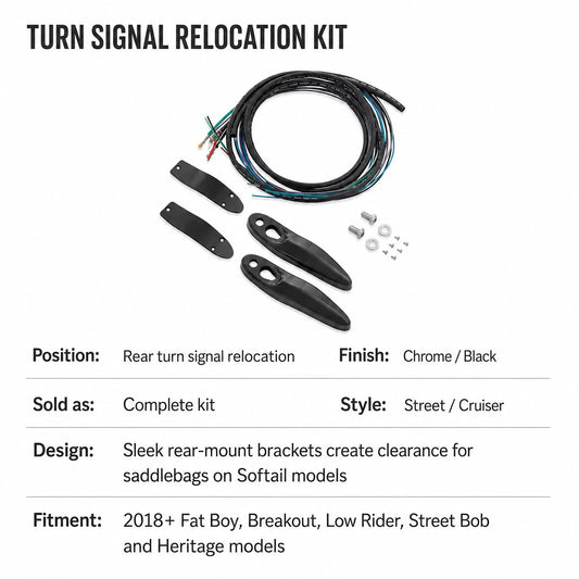 Complete Harley Softail rear turn signal relocation kit with fitment and finish details