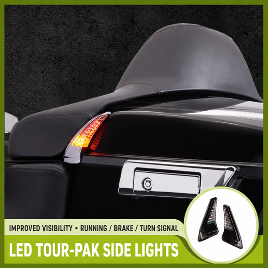 Harley Tour-Pak LED side lights illuminated on a Touring motorcycle luggage case