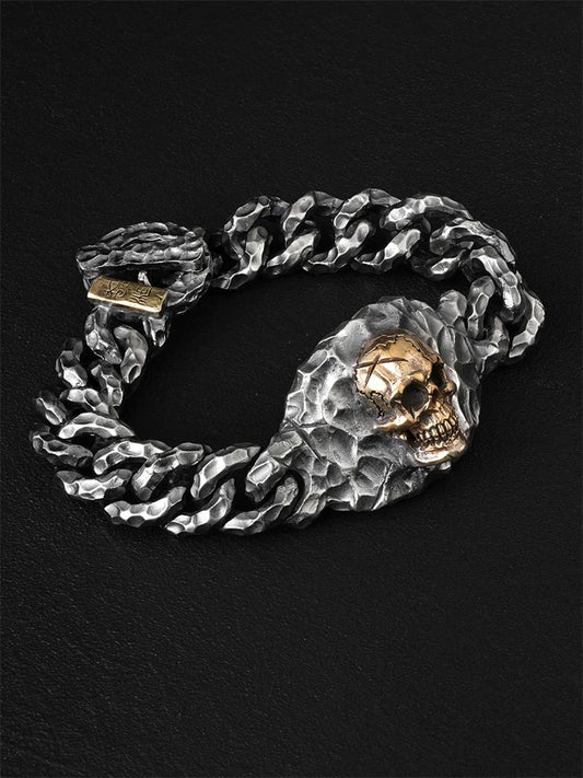 heavy skull hammered sterling silver biker bracelet product view 2