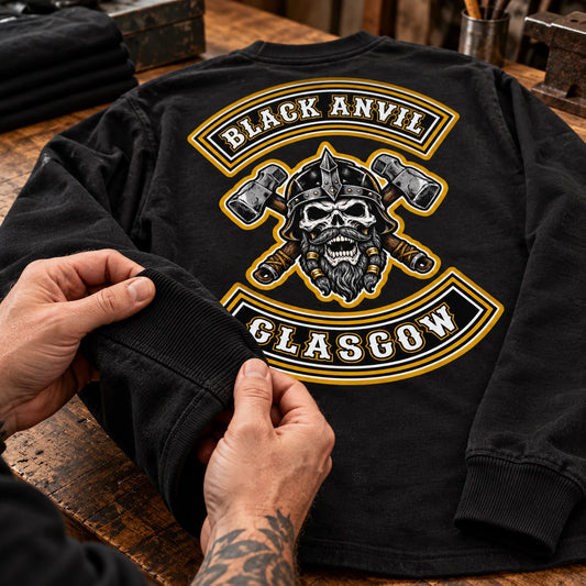 Dense heavyweight cotton motorcycle club long-sleeve shirt with sturdy ribbed cuff construction.