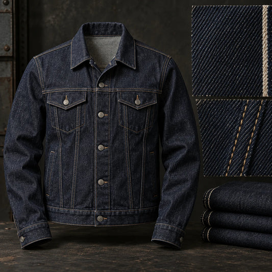Heavyweight denim club jacket with a rigid 14–16 oz fabric character.