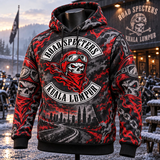 Heavyweight Road Specters Kuala Lumpur motorcycle club fleece hoodie with full-coverage artwork and substantial structure in cool weather.