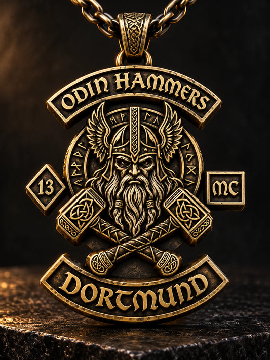 Heavyweight relief Odin Hammers solid brass motorcycle club pendant.