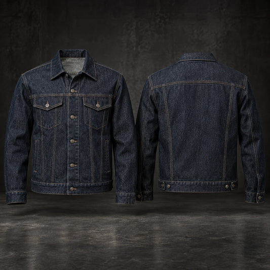 Heritage straight-fit motorcycle club denim jacket in heavyweight raw denim.