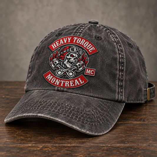 vintage washed appearance motorcycle club vintage dad hat with an authorized club logo.
