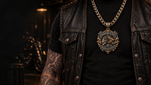 Custom motorcycle club pendant worn at a realistic scale on a rider’s black shirt and leather vest, with the complete chain visible.