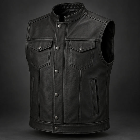 Motorcycle club leather vest with a hidden zipper and snap placket.