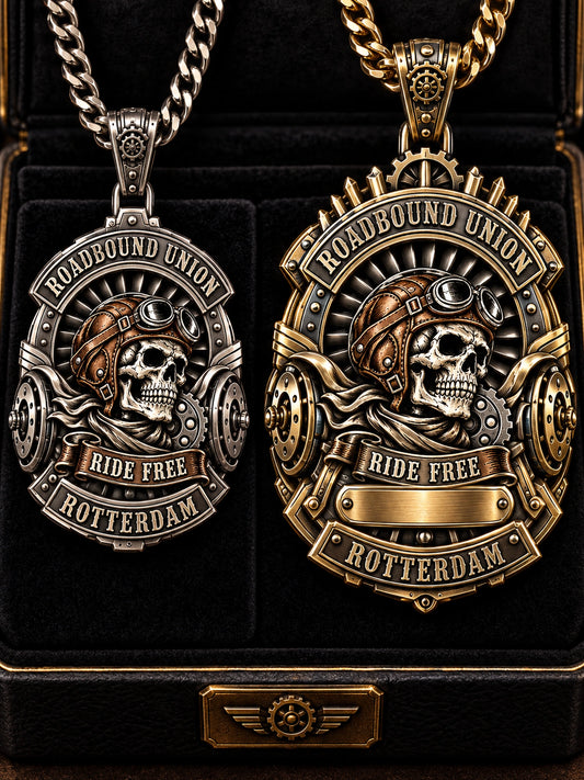 Officer Recognition represented by a unique custom motorcycle-club pendant with complete chain and sculptural mixed-metal architecture.
