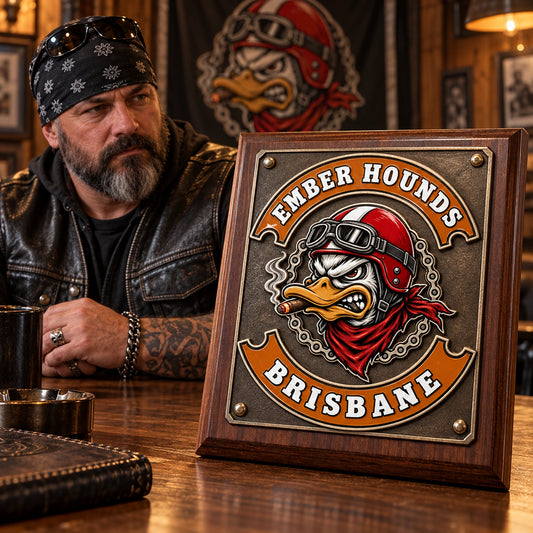 Motorcycle club plaque personalized with chapter identity and approved logo.