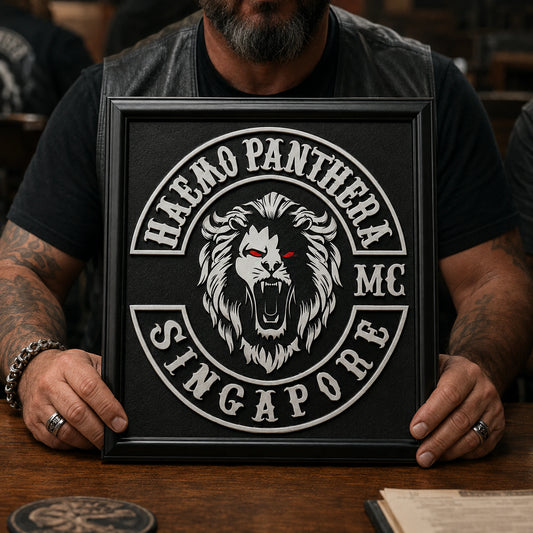 Motorcycle club plaque personalized with chapter identity and approved logo.