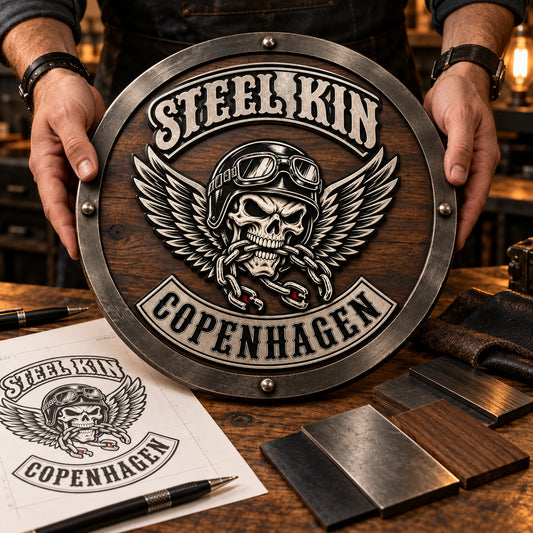 Custom plaque design centered on an approved motorcycle club logo.