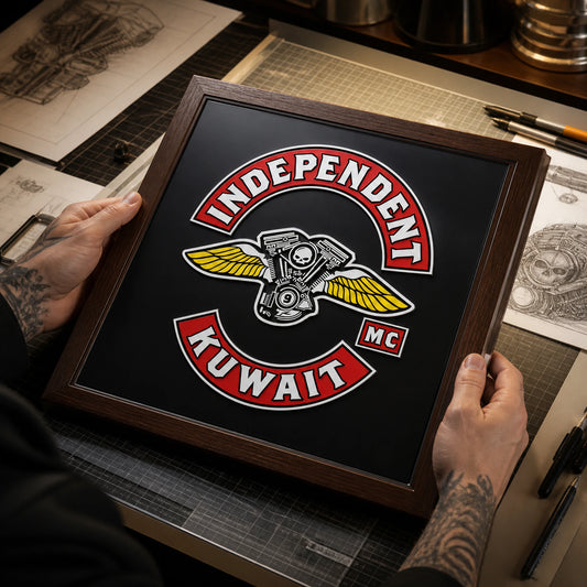 Custom plaque design centered on an approved motorcycle club logo.
