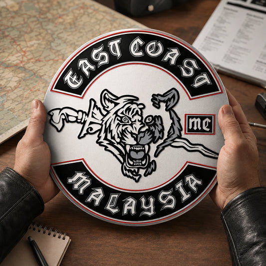 Motorcycle rally plaque personalized with an event name and club logo.