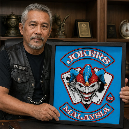 Custom motorcycle club officer plaque with a service title.