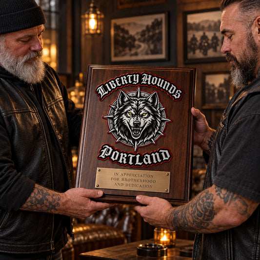 Motorcycle club tribute plaque with a personal appreciation message.