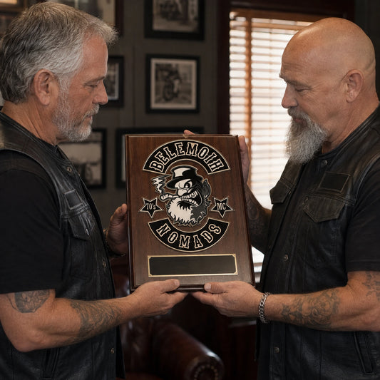 Motorcycle club tribute plaque with a personal appreciation message.