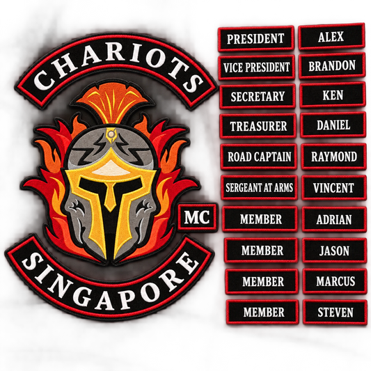 Different solid name and title patches in one order shown for a custom motorcycle club patch system in chapter roster table.