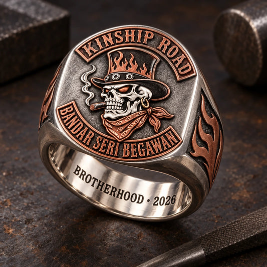 Inside Engraving designed from an authorized motorcycle club emblem in 925 Sterling Silver + Red Copper natural metal tones.