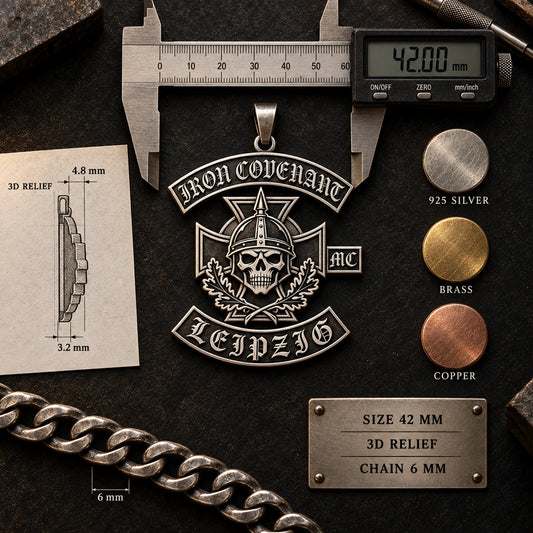 Iron Covenant motorcycle club pendant design shown with metal, size, relief and chain specification tools.