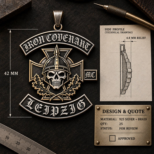 Iron Covenant motorcycle club pendant proof displayed with dimensions and a quotation summary for review.