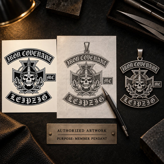 Iron Covenant motorcycle club artwork and an initial pendant sketch arranged for design intake.
