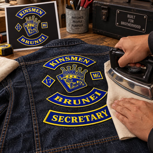 Iron-on motorcycle club rank patch applied to suitable denim fabric.