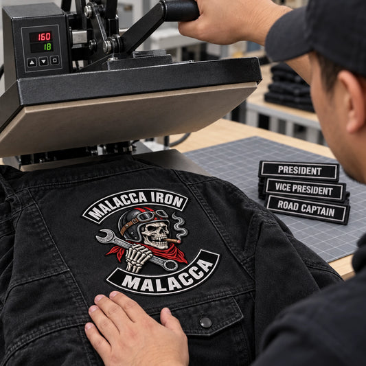 Iron-on chest patch demonstrated on suitable textile not leather for a motorcycle club, shown at heavy cotton jacket press station.