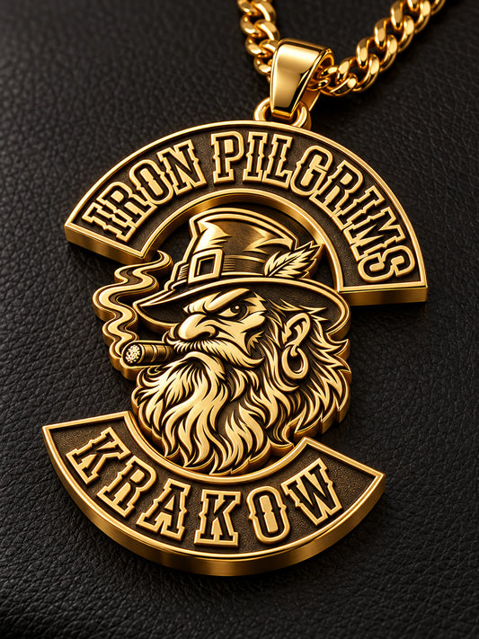 Iron Pilgrims club pendant concept with full-surface 18K gold plating.