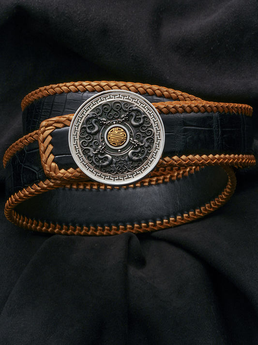 Kui Dragon Longevity Gold-Accent Silver Biker Belt — product view
