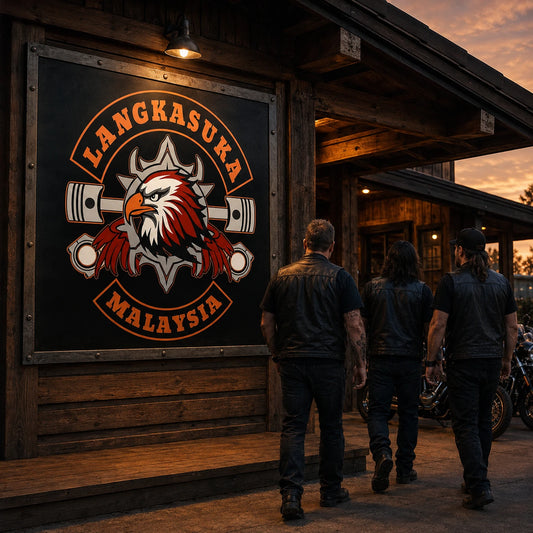 Large motorcycle club metal sign creating a strong identity at a covered clubhouse entrance.