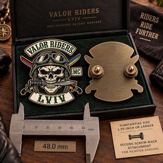 Large presentation motorcycle club pin with two secure screw-back attachments.