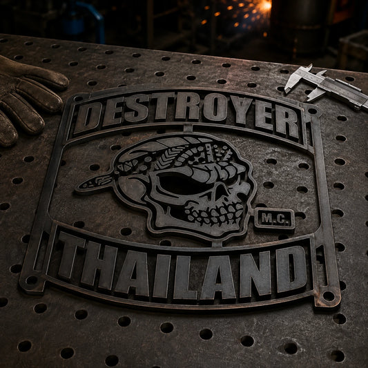One-piece laser-cut motorcycle club metal sign with open negative spaces, connector frame and mounting holes.