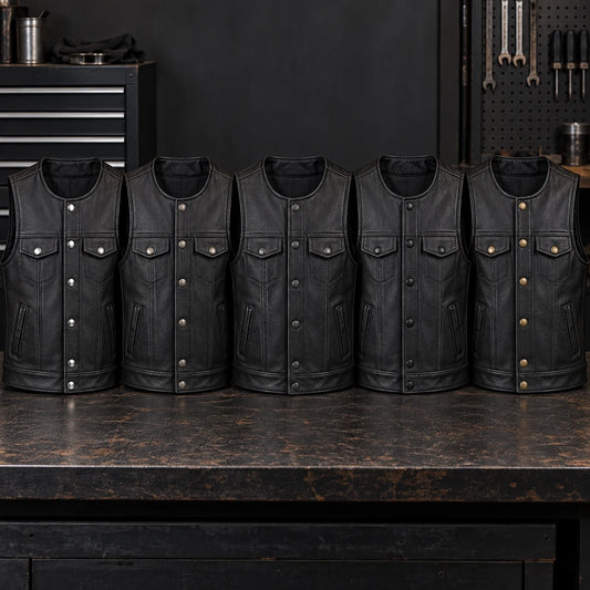 Motorcycle club leather vest samples comparing five consistent hardware finishes.