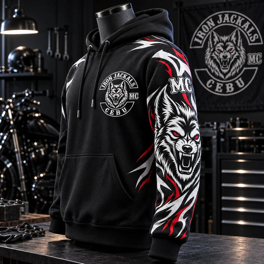 Single left three-quarter view of an Iron Jackals Cebu motorcycle club hoodie highlighting the left sleeve graphics.