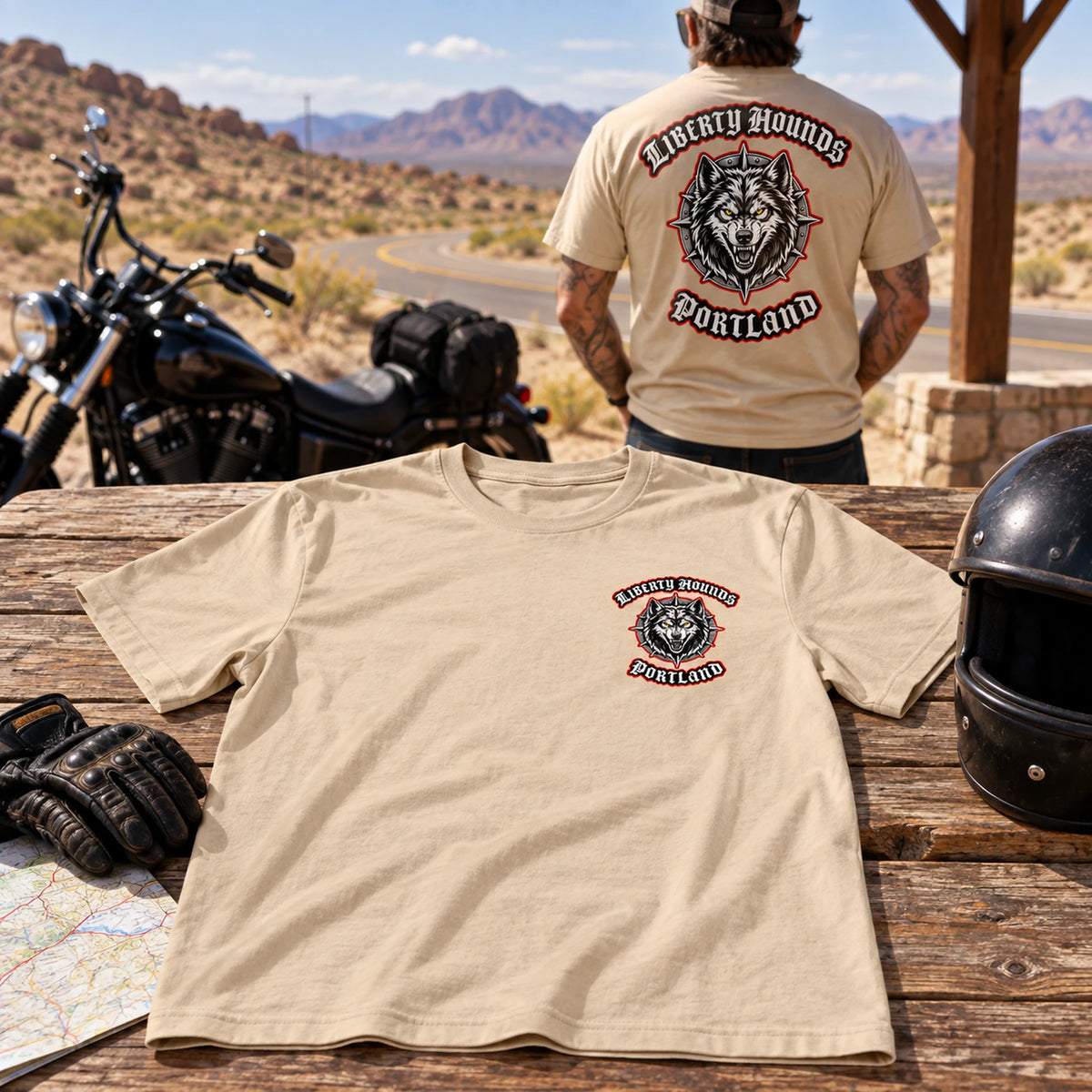 Liberty Hounds short-sleeve club T-shirts shown in a sand tan color at a desert turnout.