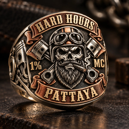 Limited Commemorative Rings designed from an authorized motorcycle club emblem in 925 Sterling Silver + Brass + Red Copper natural metal tones.