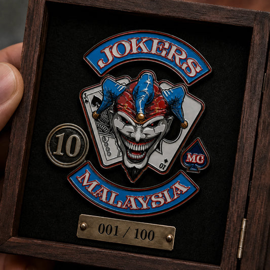 Numbered limited-edition motorcycle club anniversary pin displayed with its official club logo.