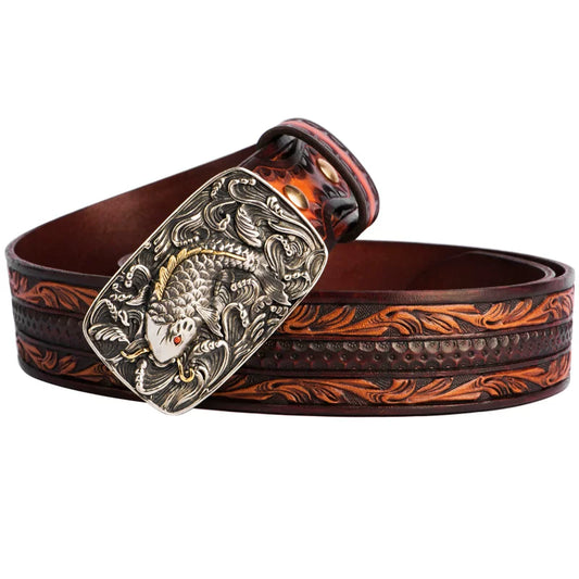 Lucky Koi Tooled Full-Grain Leather Biker Belt with Brass Buckle – Complete lucky koi belt