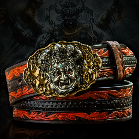 Mahakala Tooled Full-Grain Leather Biker Belt with Copper Buckle – Mahakala arabesque product view