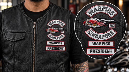 Motorcycle club officer patch matched to the colors and border of existing vest patches.