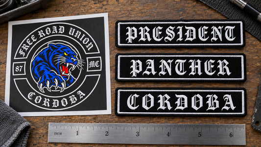 Inspection table comparing an older name bar and newly produced matching name bars, carefully aligned font, thread palette, border width and proportions, showing custom motorcycle club name bar patch options.