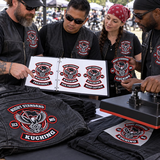 Coordinated chapter variation planning samples that preserve the approved logo wording for a motorcycle club, shown at rally registration table.