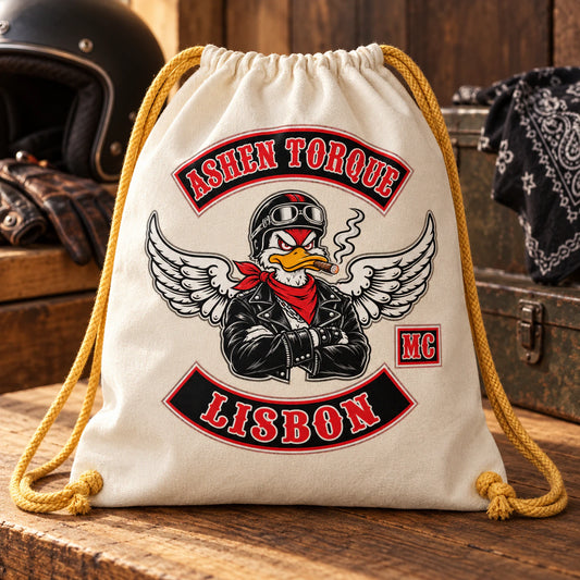 Natural cotton motorcycle club drawstring bag displayed as heritage-style club merchandise.