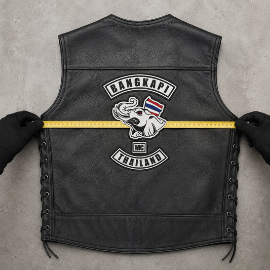 Usable back width measured across a leather motorcycle vest between the arm openings.