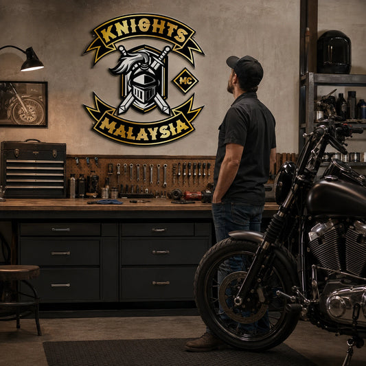 Medium motorcycle club metal wall sign mounted above a V-Twin garage workbench.