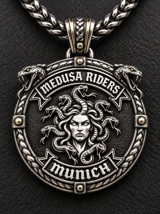 Single Medusa Riders Munich motorcycle club membership pendant with a complete chain and standardized member construction.