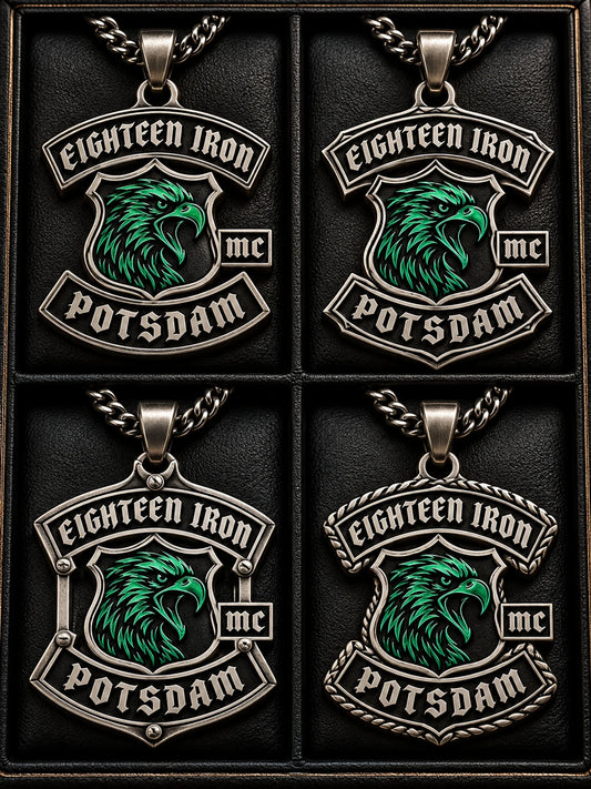 Coordinated Eighteen Iron motorcycle club zinc alloy pendants prepared for members and chapters.
