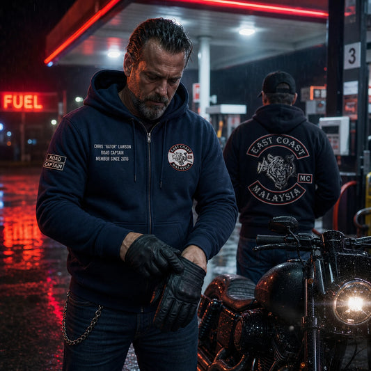 A road captain wears a navy zip motorcycle club hoodie with personalized chest and sleeve embroidery at a night gas station.