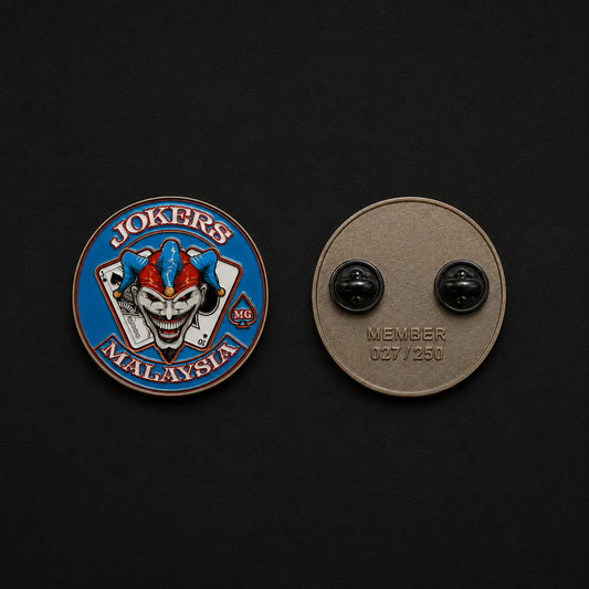 Numbered edition motorcycle club pin with custom backside marking.